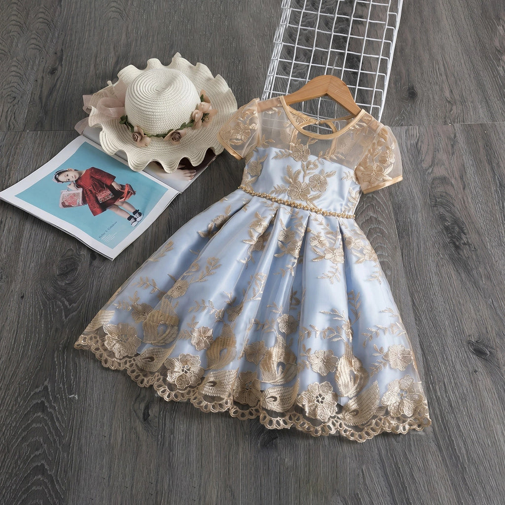 Girls Blue Floral Embroidered Fit & Flare Party Wear Dress Party Dresses Blue 3-4 Y