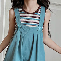 Girls Blue Striped Tank Top With Dungaree Sets Sets