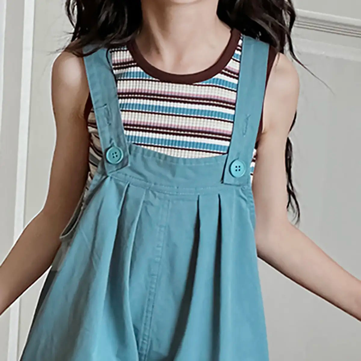Girls Blue Striped Tank Top With Dungaree Sets Sets