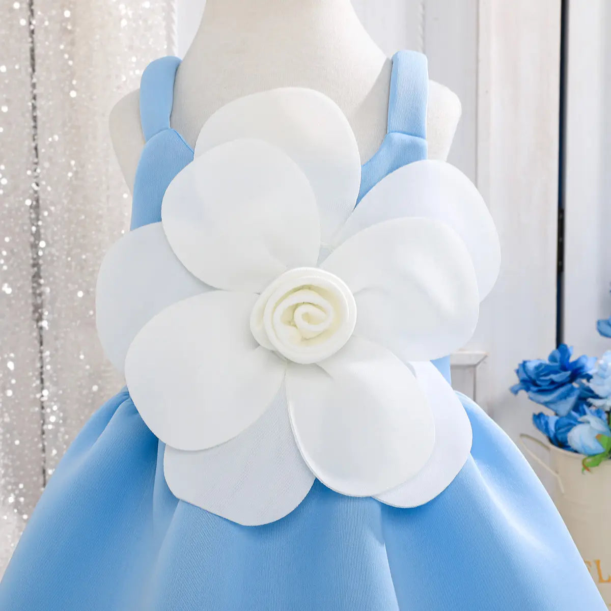 Girls Sky Blue Floral Applique Fit & Flare Party Dresses Party Dresses