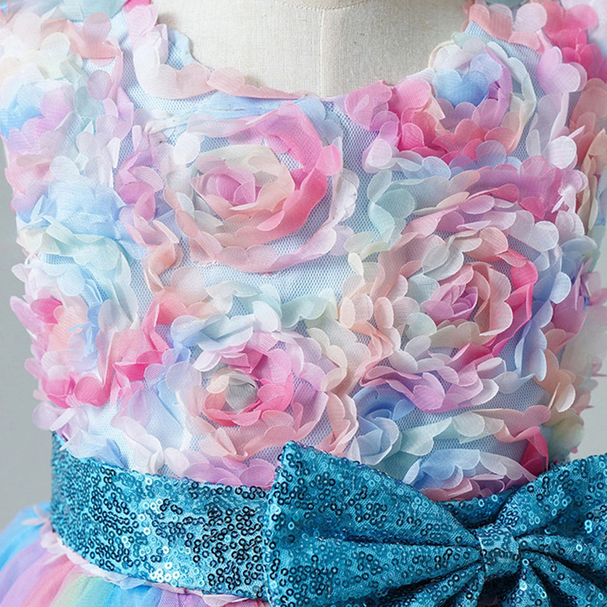 Girls Blue Floral Applique Fit & Flare Party Wear Dress With Sequin Bow Party Dresses