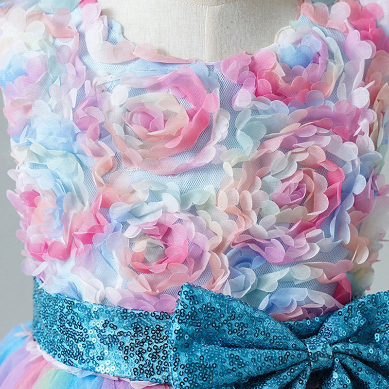 Girls Blue Floral Applique Fit & Flare Party Wear Dress With Sequin Bow Party Dresses