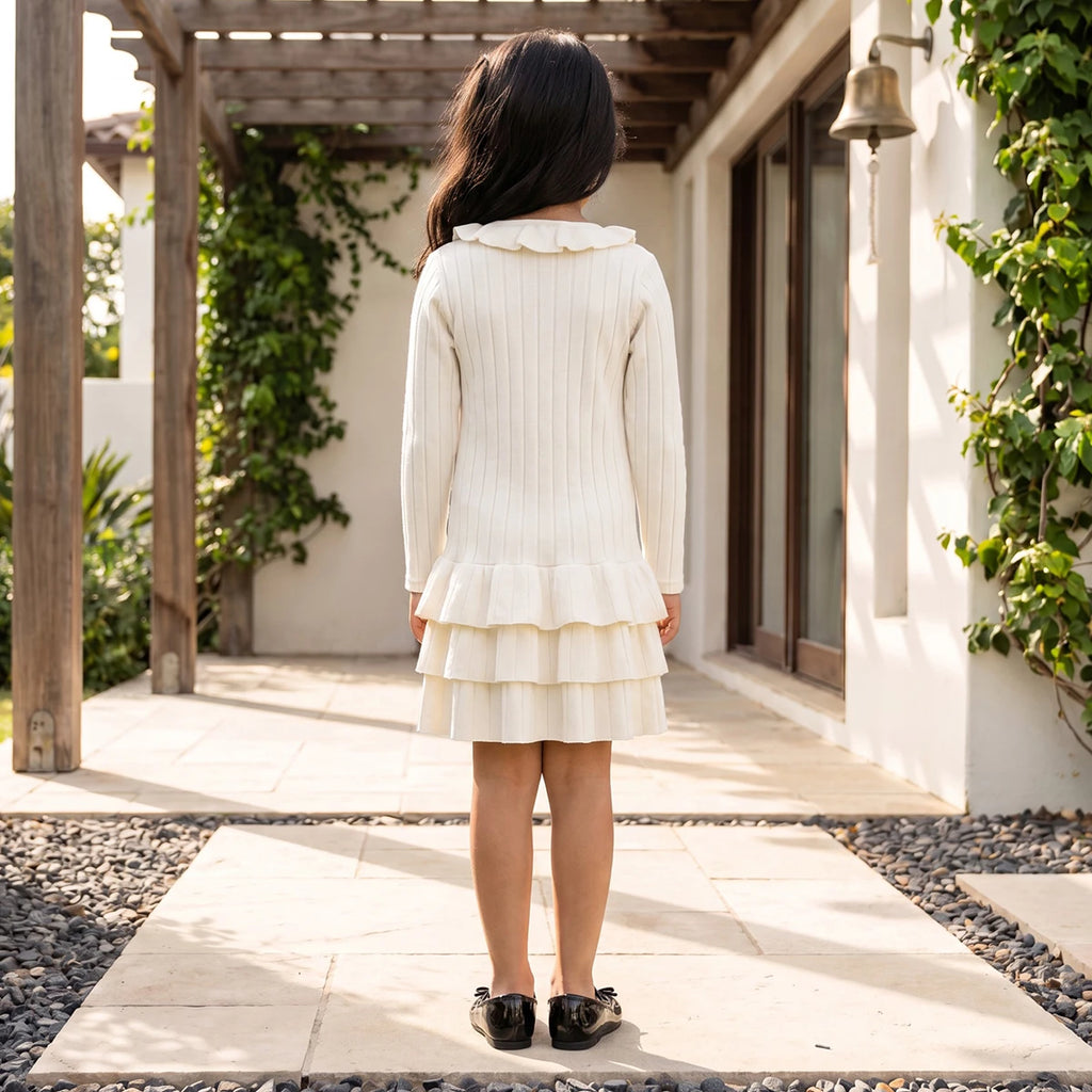 Girls Off White Textured Round Neck Fit & Flare Dress Casual Dresses