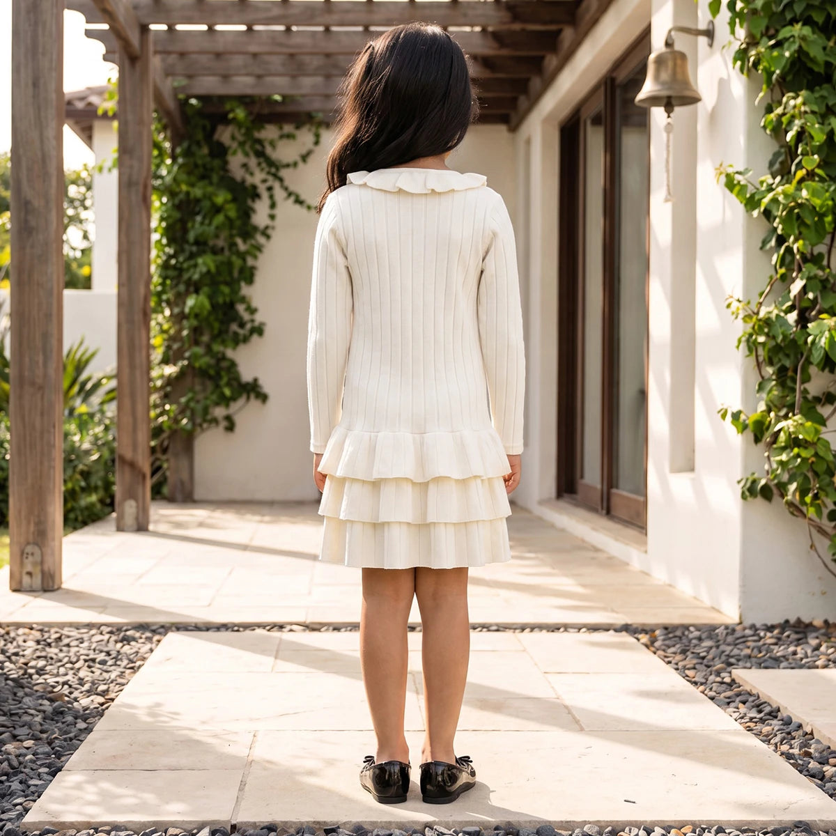 Girls Off White Textured Round Neck Fit & Flare Dress Casual Dresses