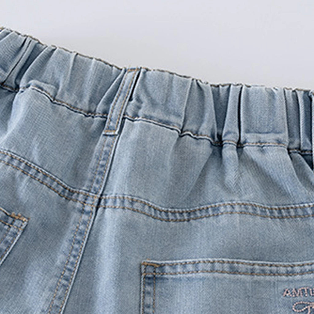 Girls Light Blue Pearl Embellished Relaxed Fit Denim Shorts Shorts