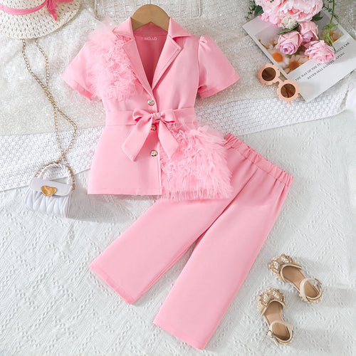 Girls Pink Puff Sleeve Top With Elasticated Pants Sets 2 pc. Sets Pink 2-3 Y
