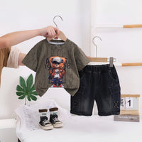 Boys Brown Bear Graphic Short Sleeve T-Shirt With Denim Shorts Sets 2 pc. Sets Brown 1-2 Y