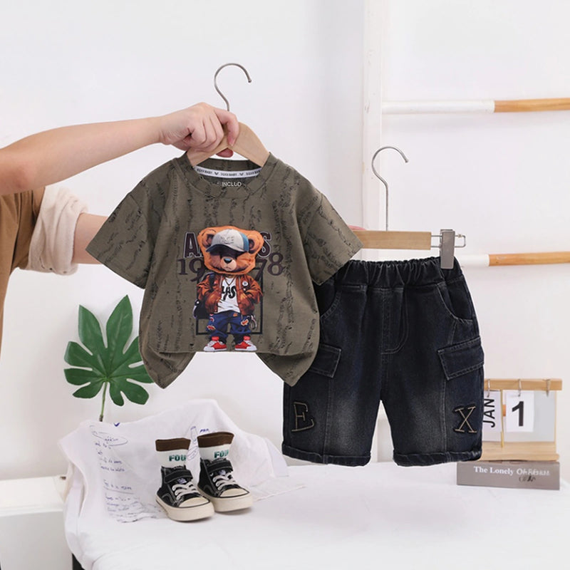 Boys Brown Bear Graphic Short Sleeve T-Shirt With Denim Shorts Sets 2 pc. Sets Brown 1-2 Y