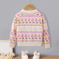 Girls Cream Floral Pattern Shirt Collar Pullover Sweaters & Cardigans