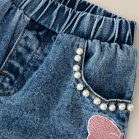 Girls White Short Sleeves Bow Applique Top With Denim Shorts Sets Sets