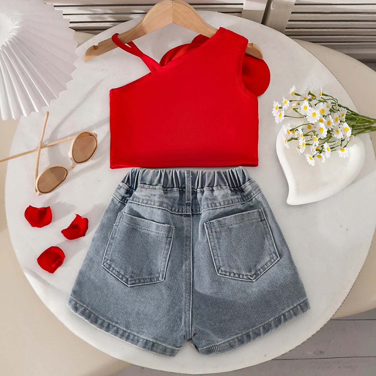 Girls Red 3D Flower Applique One Shoulder Top With Denim Skorts Set Sets