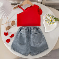 Girls Red 3D Flower Applique One Shoulder Top With Denim Skorts Set Sets
