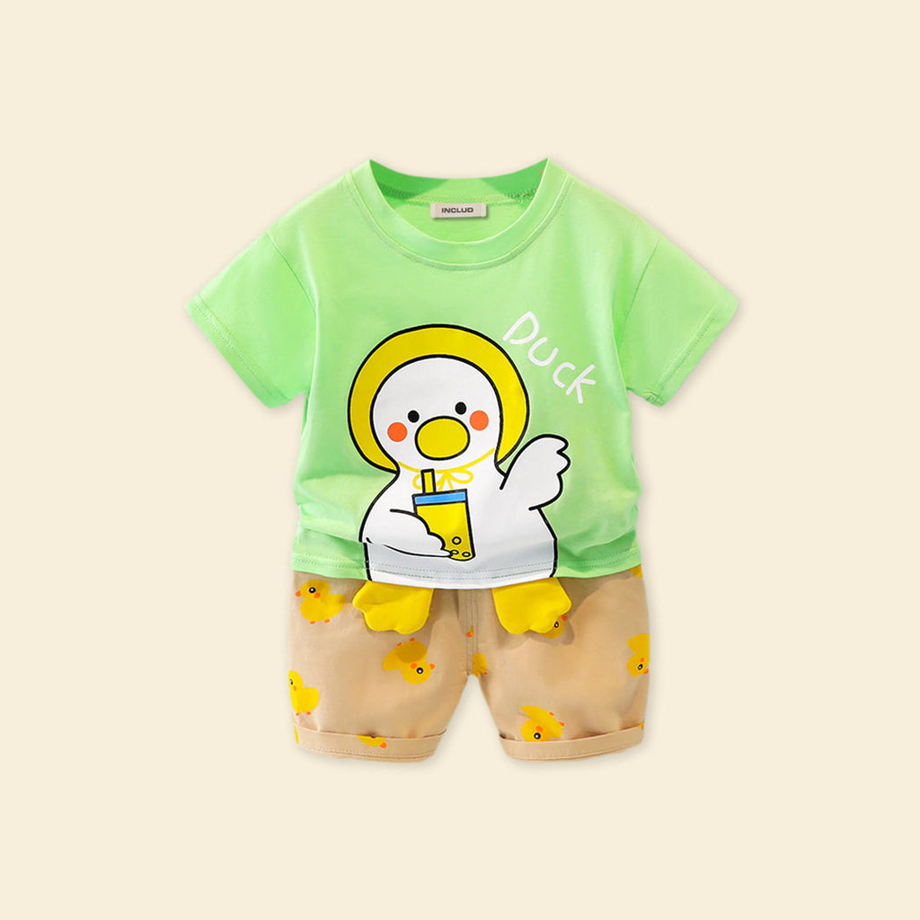 Boys Green Short Sleeve Duck Print T-Shirt With Printed Shorts Sets Green 1-2 Y 