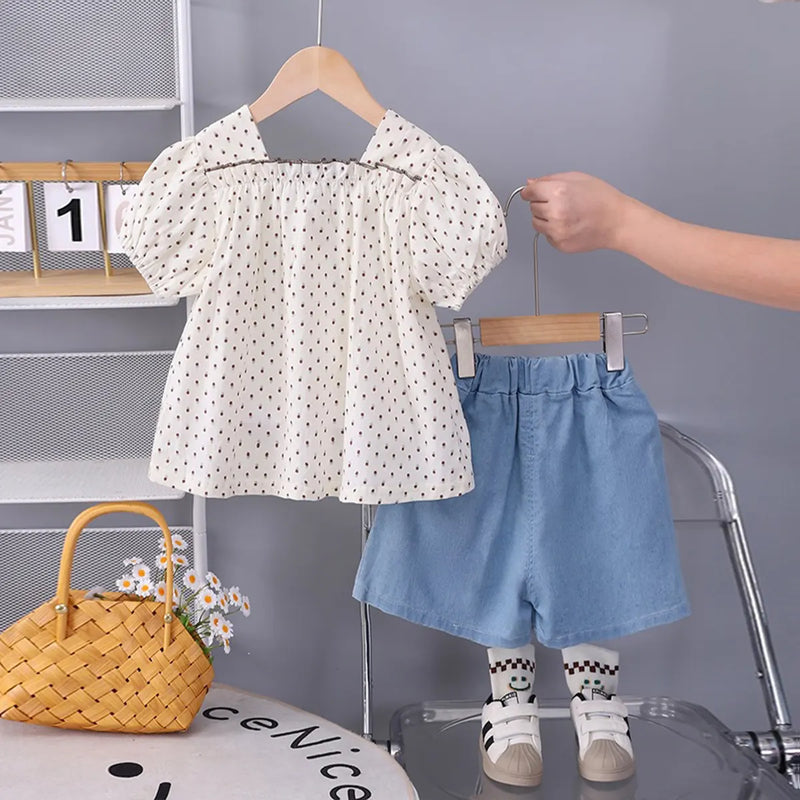 Girls White Polka Dot Printed Puff Sleeve Top With Denim Shorts Sets 2 pc. Sets