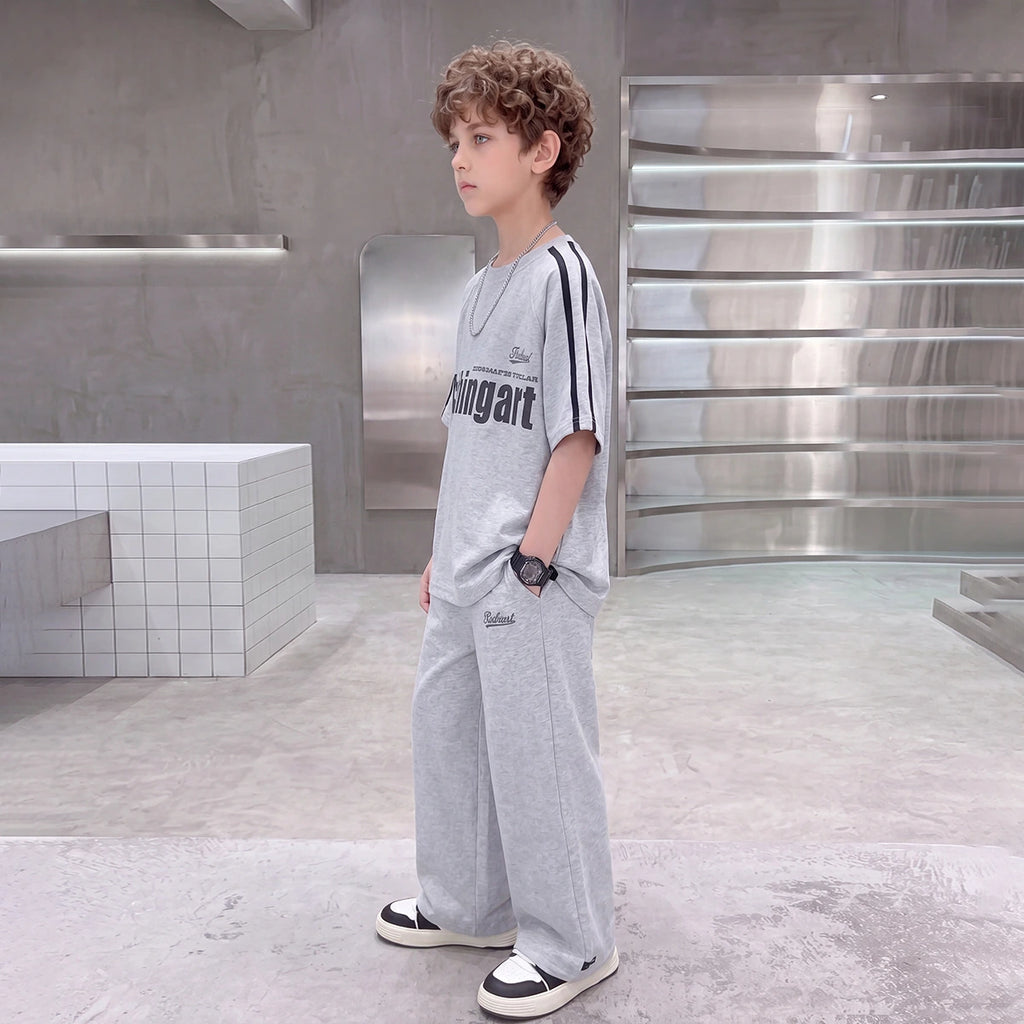 Boys Grey Typographic Raglan Sleeve T-Shirt With Pants Sets 2 pc. Sets