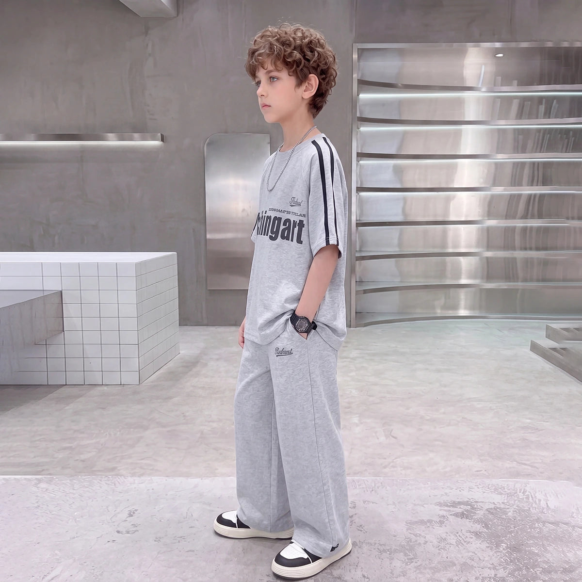 Boys Grey Typographic Raglan Sleeve T-Shirt With Pants Sets 2 pc. Sets
