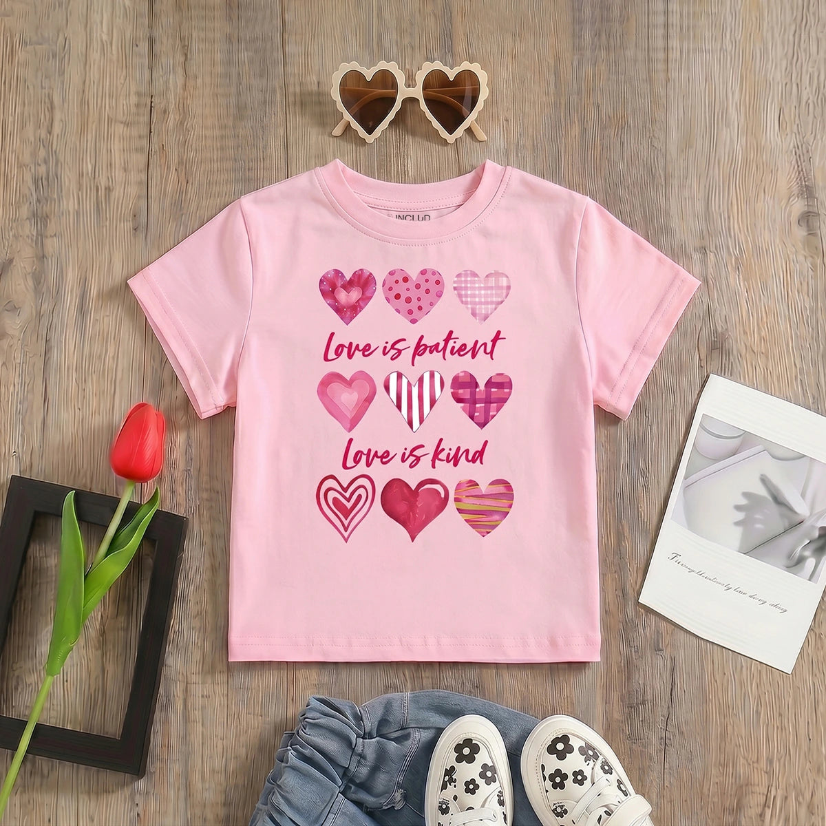 Girls Pink Heart Print Short Sleeve T-Shirt Tshirts Pink 2-3 Y