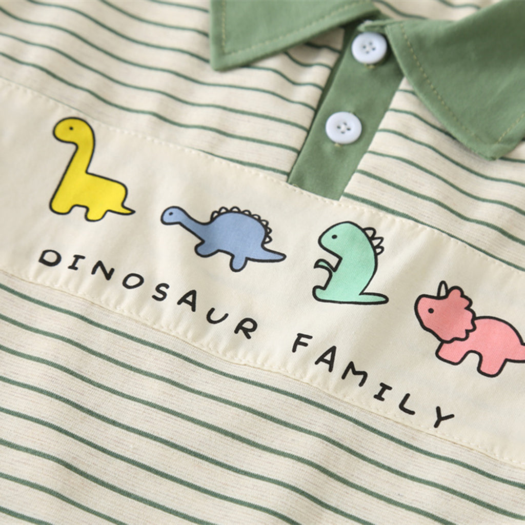 Boys Green Dinosaur Striped Polo T-shirt with Shorts Set Sets