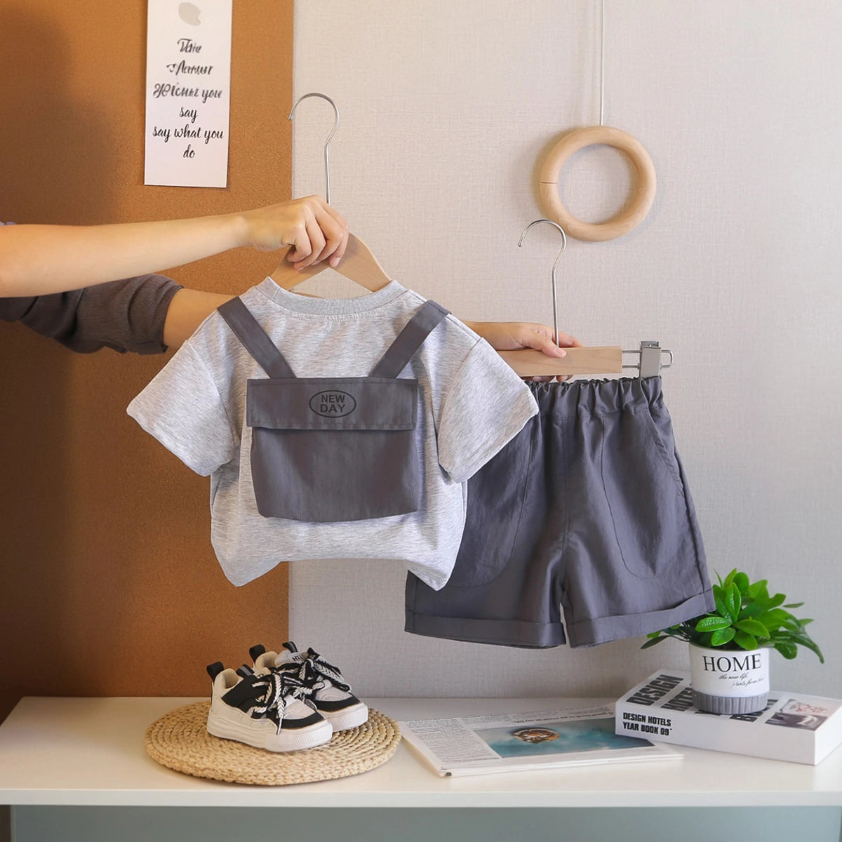 Boys Grey Bag Pack Applique Short Sleeve T-Shirt With Elasticated Shorts Sets 2 pc. Sets