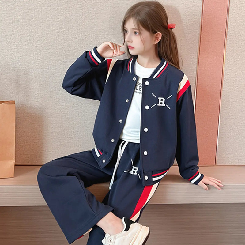 Girls Navy Blue R Letter Printed Varsity Jacket With Pants Co-ord Sets Sets