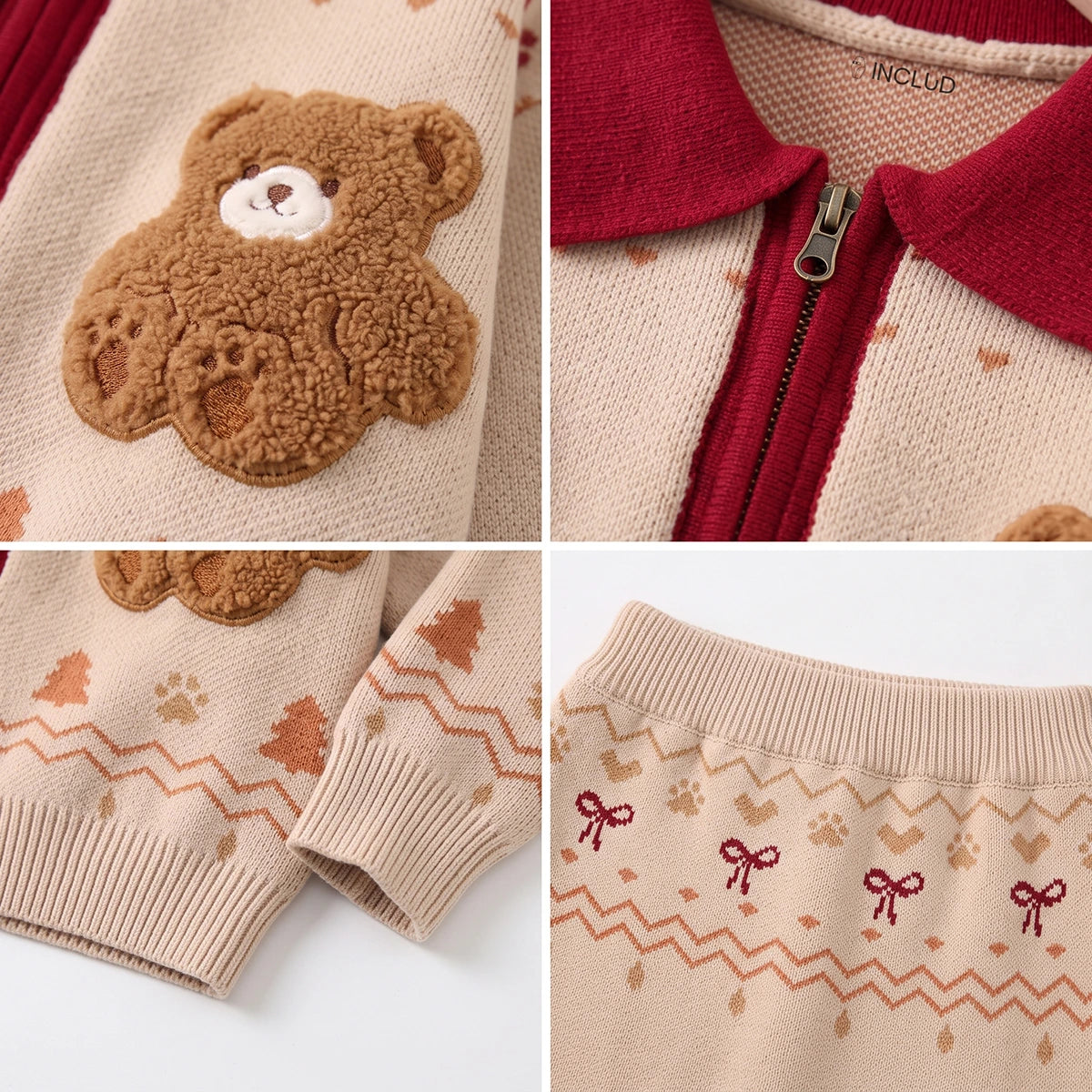 Girls Beige Jacquard Long Sleeve Cardigan With Skirt Sets 2 pc. Sets