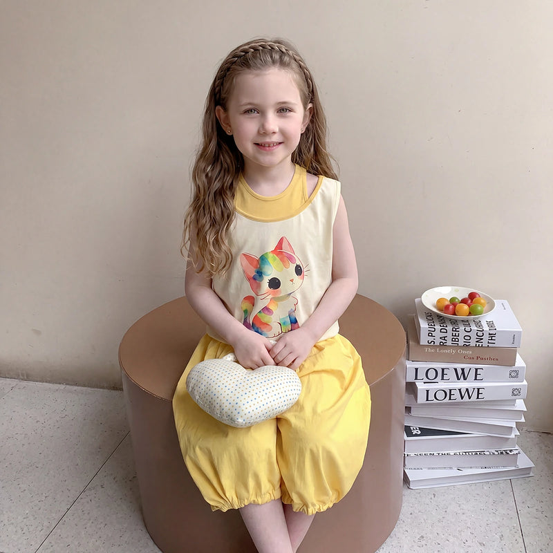 Girls Yellow Cat Graphic Sleeveless Top With Elasticated Pants Sets 2 pc. Sets