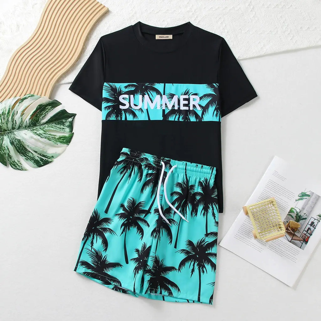Boys Black Tropical Printed Short Sleeves T-Shirt & Shorts Swimsuit Sets Sets Black 7-8 Y