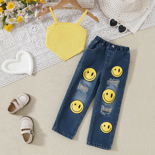 Girls Yellow Crop Top With Distressed Smiley Printed Denim Pants Set Sets Yellow 3-4 Y