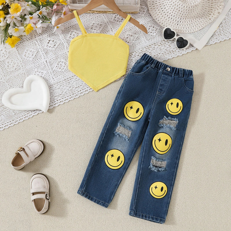 Girls Yellow Crop Top With Distressed Smiley Printed Denim Pants Set Sets Yellow 3-4 Y