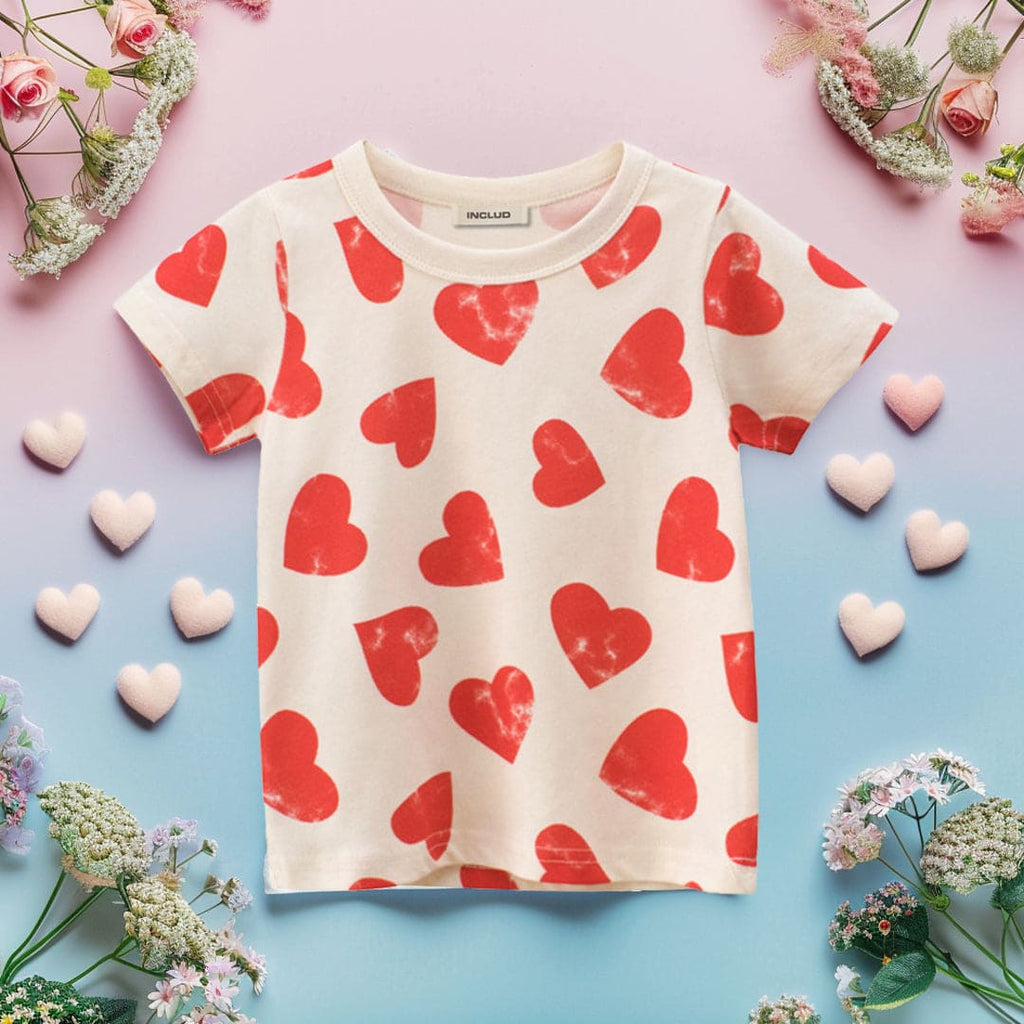 Girls Heart Print Short Sleeves T-shirt