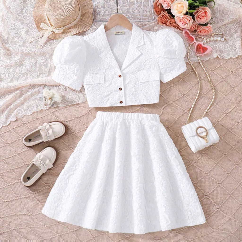 Girls Puff Sleeve Texture Crop Top With Skirt Sets