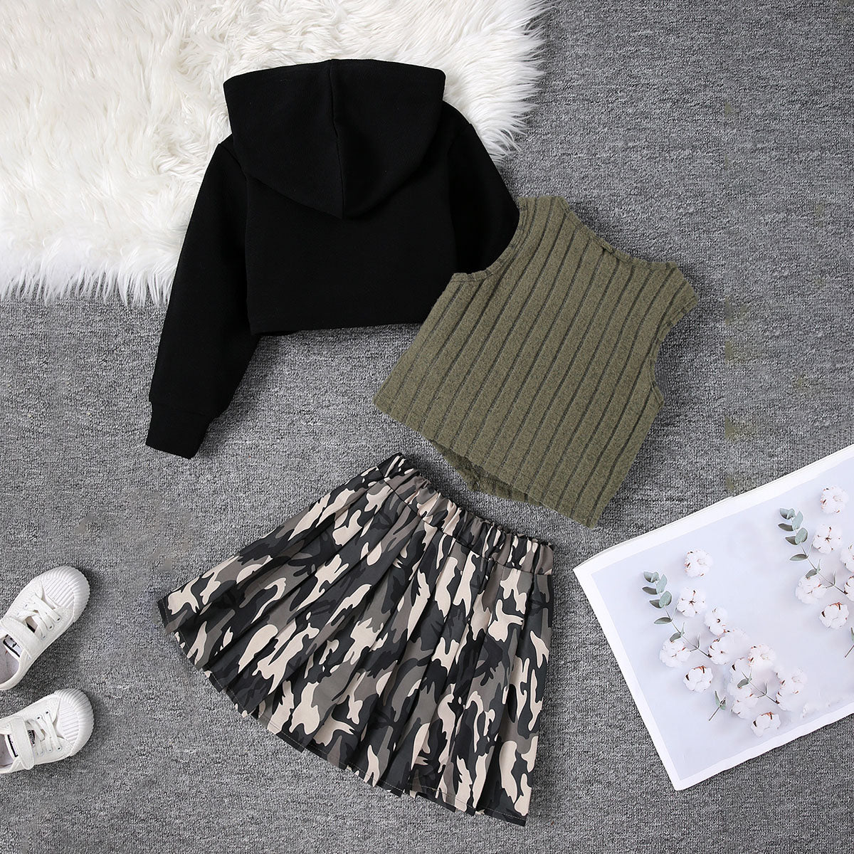 Girls Black Camouflage Printed Skirt With Sleeve T-Shirt & Sweatshirt Sets 3 pc. Sets
