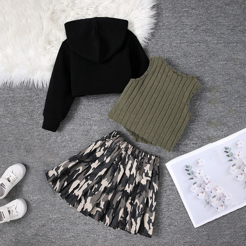 Girls Black Camouflage Printed Skirt With Sleeve T-Shirt & Sweatshirt Sets 3 pc. Sets