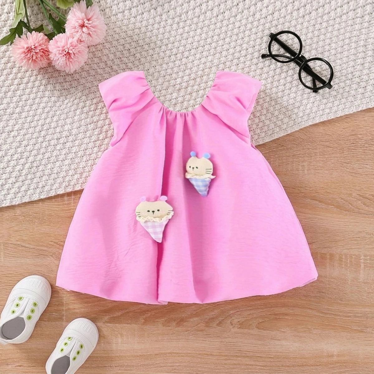 Girls Pink Ice Cream Applique A-Line Dress Casual Dresses Pink 1-2 Y