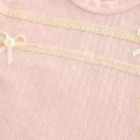Girls Pink Bow Appliqued Puff Sleeves Top With Denim Shorts Set 2 pc. Sets
