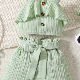 Girls Light Green Ruffle Sleeveless Crop Top With Shorts Sets 2 pc. Sets