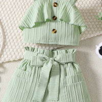 Girls Light Green Ruffle Sleeveless Crop Top With Shorts Sets 2 pc. Sets