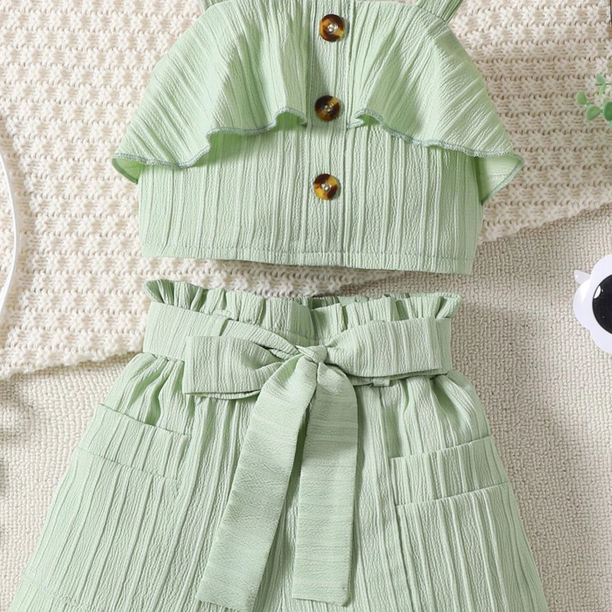 Girls Light Green Ruffle Sleeveless Crop Top With Shorts Sets 2 pc. Sets