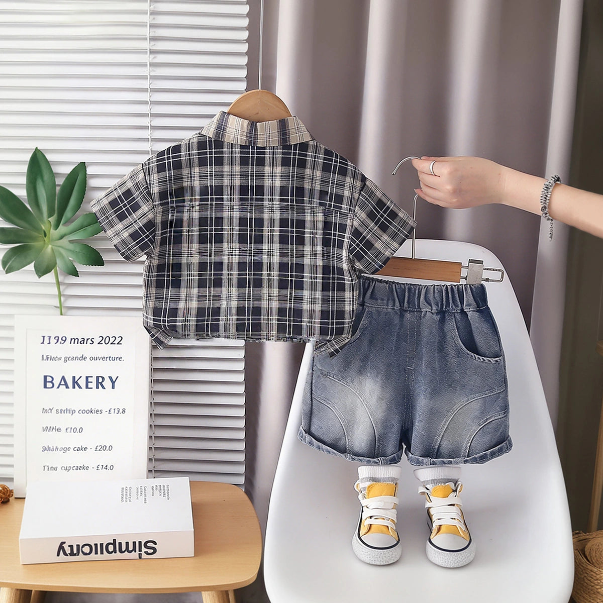 Boys Black Checked Shirt With Graphic T-Shirt & Denim Shorts Set Sets