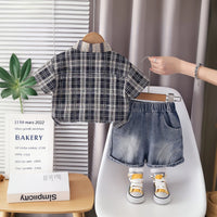 Boys Black Checked Shirt With Graphic T-Shirt & Denim Shorts Set Sets