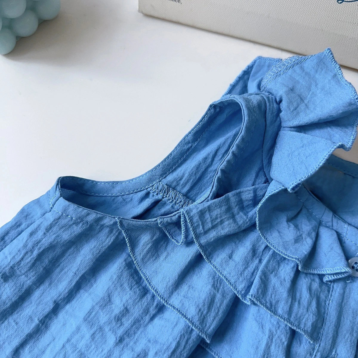 Girls Blue Sleeveless Ruffle Top with White Lace Palazzo Pants Sets 2 pc. Sets