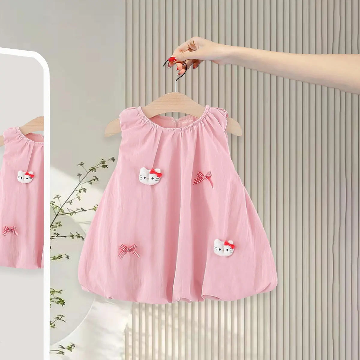 Girls Pink Kitty Applique Balloon Dress Casual Dresses Pink 1-2 Y