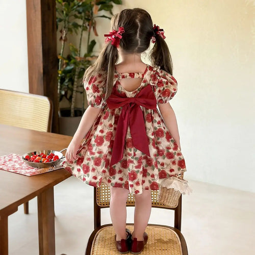 Girls Red Floral Print Fit And Flare Dress With Back Bow Details Casual Dresses