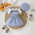 Girls Blue Flowers Applique Pinafore Dress With Short Sleeves Top Casual Dresses Blue 6-9 M