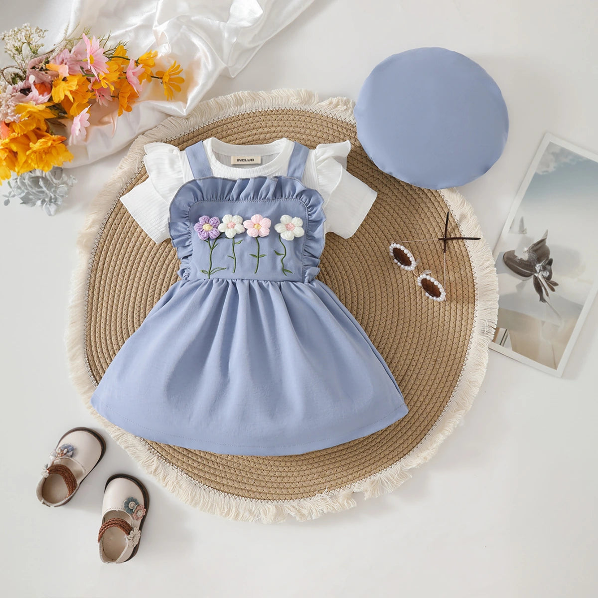 Girls Blue Flowers Applique Pinafore Dress With Short Sleeves Top Casual Dresses Blue 6-9 M