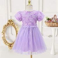 Girls Purple Floral Tulle Overlay Fit & Flare Dress With Puff Sleeves Casual Dresses