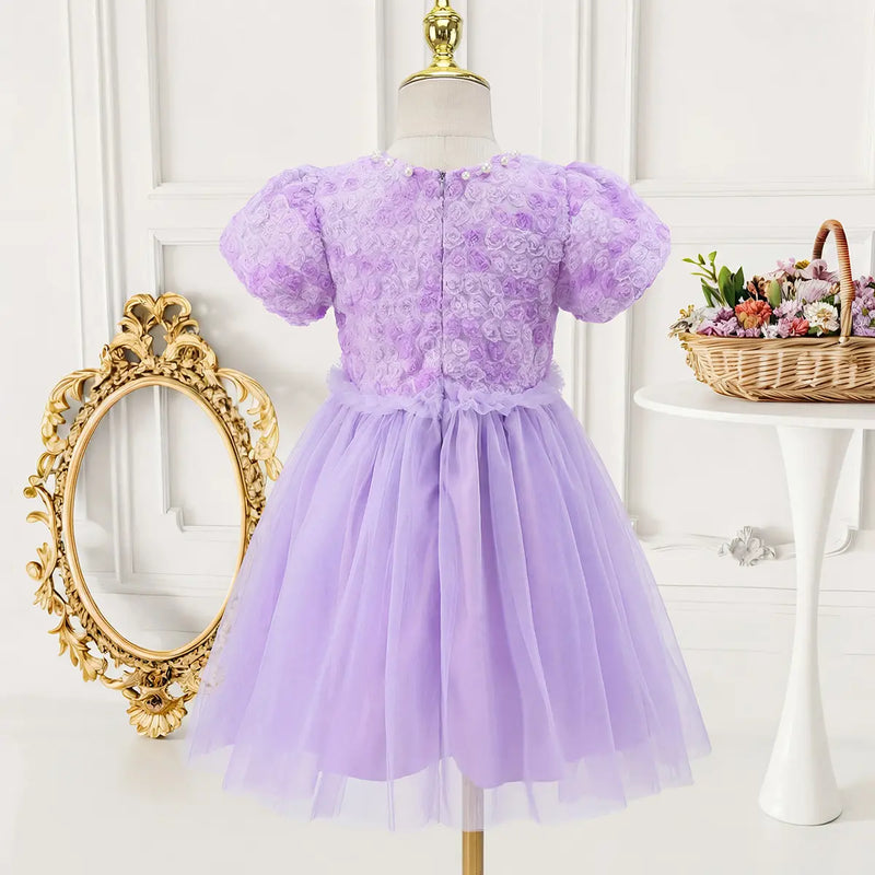 Girls Purple Floral Tulle Overlay Fit & Flare Dress With Puff Sleeves Casual Dresses