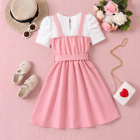 Girls Pink Sleeveless Pinafore Dress With Top Casual Dresses