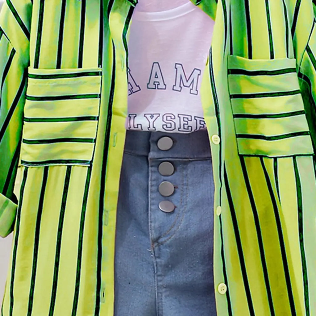 Girls Lime Green Stripe Shirt With Printed T-Shirt And Denim Shorts Sets 3 pc. Sets