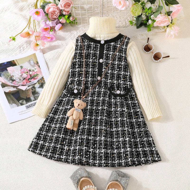 Girls Black Tweed High Neck Sleeveless Winter Dress Party Dresses Black 3-4 Y
